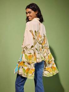 Felipe Marques Floral Print Casual Elegant Dignified Sexy Bohemian Country Style Chiffon Blouse, Suitable For Daily Wear, Travel, Vacation, Date, Party, Christmas, Valentine's Day - Multicolor - View 2