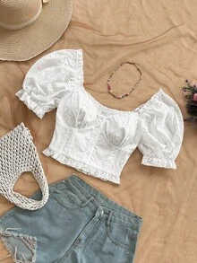 Soleia 女士纯色短款泡泡袖时尚刺绣短上衣 - 白色 - 查看 3