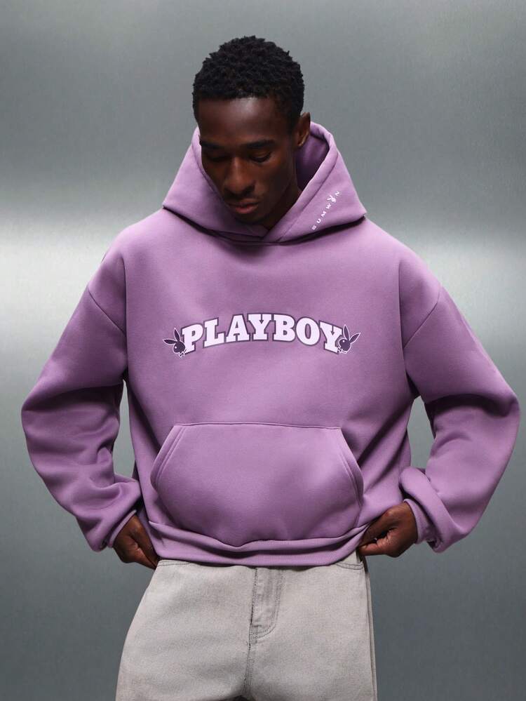 PLAYBOY X SUMWON Oversized Crop Fit Pullover Hoodie With Centre Pocket And Logo Print For Casual Streetwear