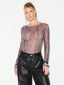 KIZN 透视蛇纹印花长袖连体衣，网纱质感，适合晚宴、夜店、秋冬叠穿 - 彩色 - 查看 1