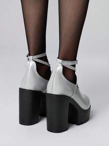 ROMWE Giày Mary Jane nữ bít mũi, quai chéo, kiểu Punk Goth, đế cao, gót dày, quai cài, giày đồng phục JK, giày cao gót chống thấm nước cho mùa Giáng sinh - Xám - Xem 5