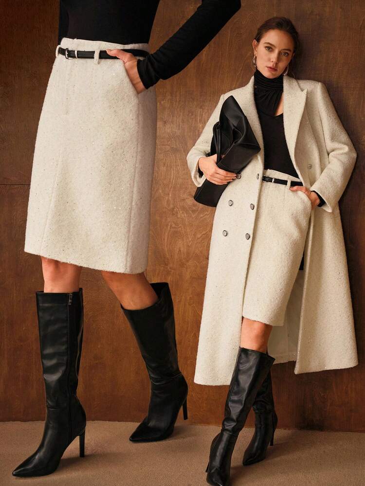 WOMEN'S AUTUMN/WINTER WOOL BLEND SIMPLE STRUCTURED DESIGN THICK TWEED SKIRT