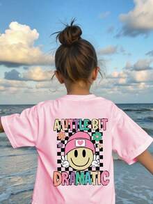 SHEIN Young Girl' Casual Cute Checkered, Face And Letter Print Round Neck Short Sleeve T-Shirt, Summer - Pink - View 6