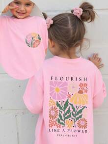 SHEIN Maglietta a maniche corte casual e comoda con stampe floreali e slogan, di moda retrò, per ragazze, primavera/estate - Rosa - Visualizzare 1