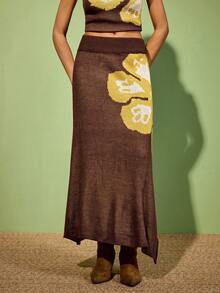 Felipe Marques Women's Floral Jacquard Knit A-Line Skirt, Suitable For Party And Casual Wear In Autumn And Winter - Brown - View 5
