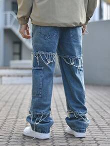 Devon Thys Grunge Goth Y2K Style Fashion Casual Fringe Young Street Chic College Sports Loose Straight Wide Leg Versatile Casual Men Jeans Pants - Blue - View 2