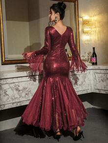 DAZY 女士优雅派对纯色亮片网纱拼接喇叭袖连衣裙 新年圣诞节嘉年华闪亮连衣裙 - 酒紅色 - 查看 6