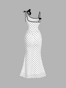 SHEIN MOD Dây đeo vai bất đối xứng, điểm nhấn nơ, viền đuôi cá nhún bèo, váy midi họa tiết chấm bi đen trắng dành cho nữ, trang phục nữ, váy dạ hội hóa trang, váy thanh lịch dành cho nữ - Đen và trắng - Xem 2