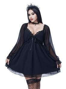 Coolane Đầm đen dài tay cổ chữ V bất đối xứng, thắt eo, cổ tròn, tay phồng, ren, gợi cảm, phong cách Gothic Y2K, thích hợp mặc mọi mùa Thu/Đông dành cho nữ - màu đen - Xem 7