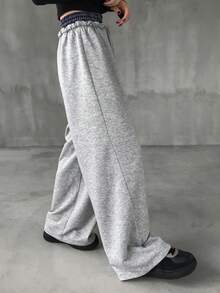 FRIFUL Women's Contrast Color Waist Patchwork Plaid Fabric Elastic Waist Drawstring Straight Leg Casual Loose Versatile Pants, Autumn/Winter - Grey - View 4
