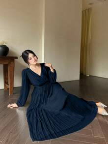 Vibekara Romantic V-Neck Backless Long Sleeve Dress, Flowy Elegant Greek Style White Goddess Gown - Navy Blue - View 5