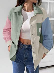 SHEIN EZwear 撞色落肩字母拼接灯芯绒外套罩衫夹克夏季短款夹克女式夹克街头风女装 - 彩色 - 查看 3
