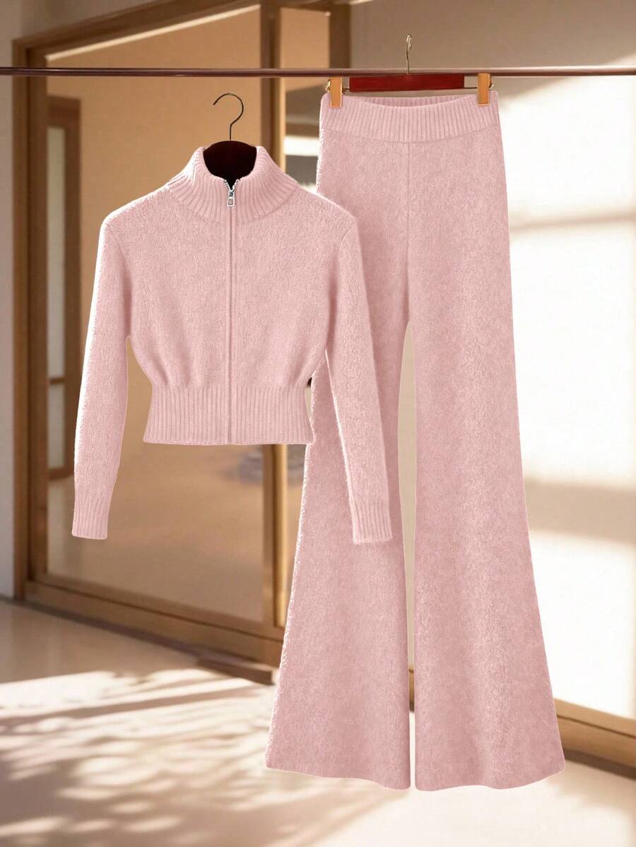 Franclia 女士优雅纯色罗纹高领修身长袖拉链上衣搭配弹力腰显瘦喇叭腿针织衫两件套，冬季 - 粉色 - 查看 1