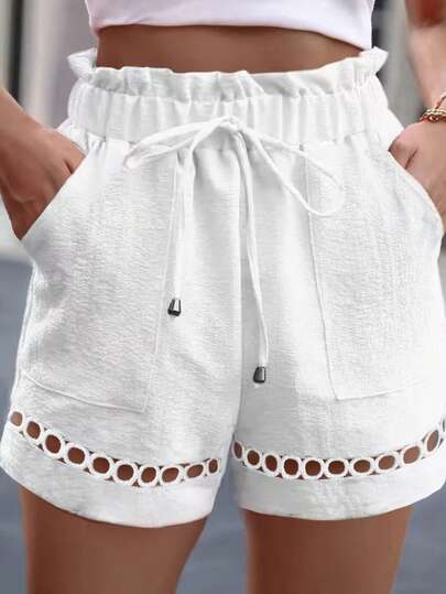 2025 Plus Size Women Baggy Waist Pockets Lace Hem Shorts, Summer