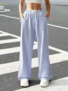 SHEIN EZwear 女式休闲条纹格子细节阔腿直筒裤 - 藍色 - 查看 3