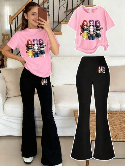 Sparklyn Tween Girl Cute K-Pop Star & Heart Print Outfit (Pink-Haired Girl & Korean Idol), Casual Comfortable Round Neck Pink Short Sleeve T-Shirt & Flare Pants Set, Suitable For Winter, Daily Wear, Outdoor Activities