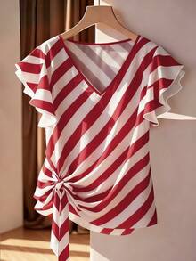 SHEIN Clasi Áo sơ mi nữ tay ngắn cổ chữ V kẻ sọc, xếp nếp, thắt nút bên hông cỡ lớn - Màu Đỏ Sâu - Xem 1