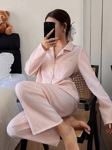 Dream Adore Women's Casual Striped Print Lapel Collar Pajama Set, Winter Clothes - Khaki - View 3