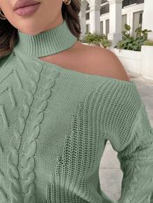 Elenzga Plus Size Women Cutout Shoulder Drop Shoulder Long Sleeve Cable Pattern Casual Pullover Sweater, Autumn/Winter - Green - View 6