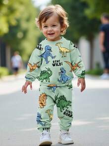 男婴休闲柔软舒适可爱卡通动物恐龙扎染 Y2K 宽松圆领针织毛衣和裤子套装，适合秋冬季 - 彩色 - 查看 1