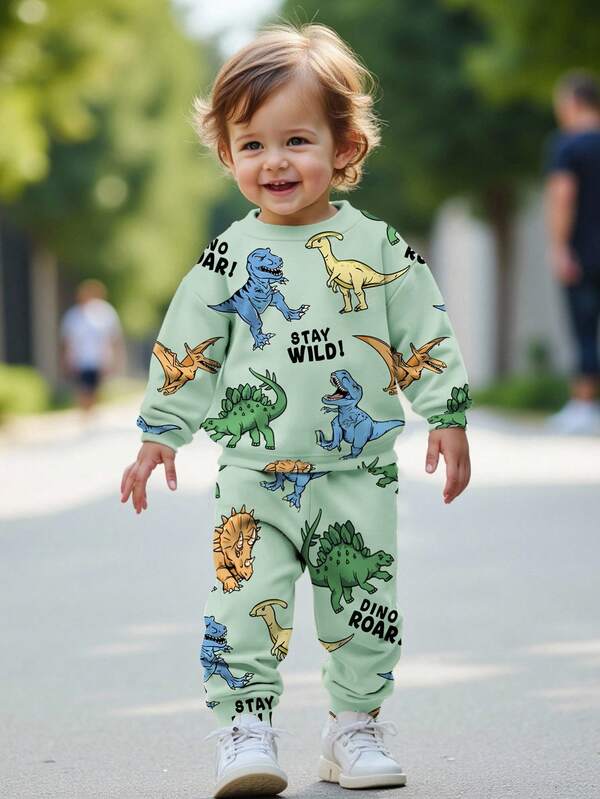 男婴休闲柔软舒适可爱卡通动物恐龙扎染 Y2K 宽松圆领针织毛衣和裤子套装，适合秋冬季