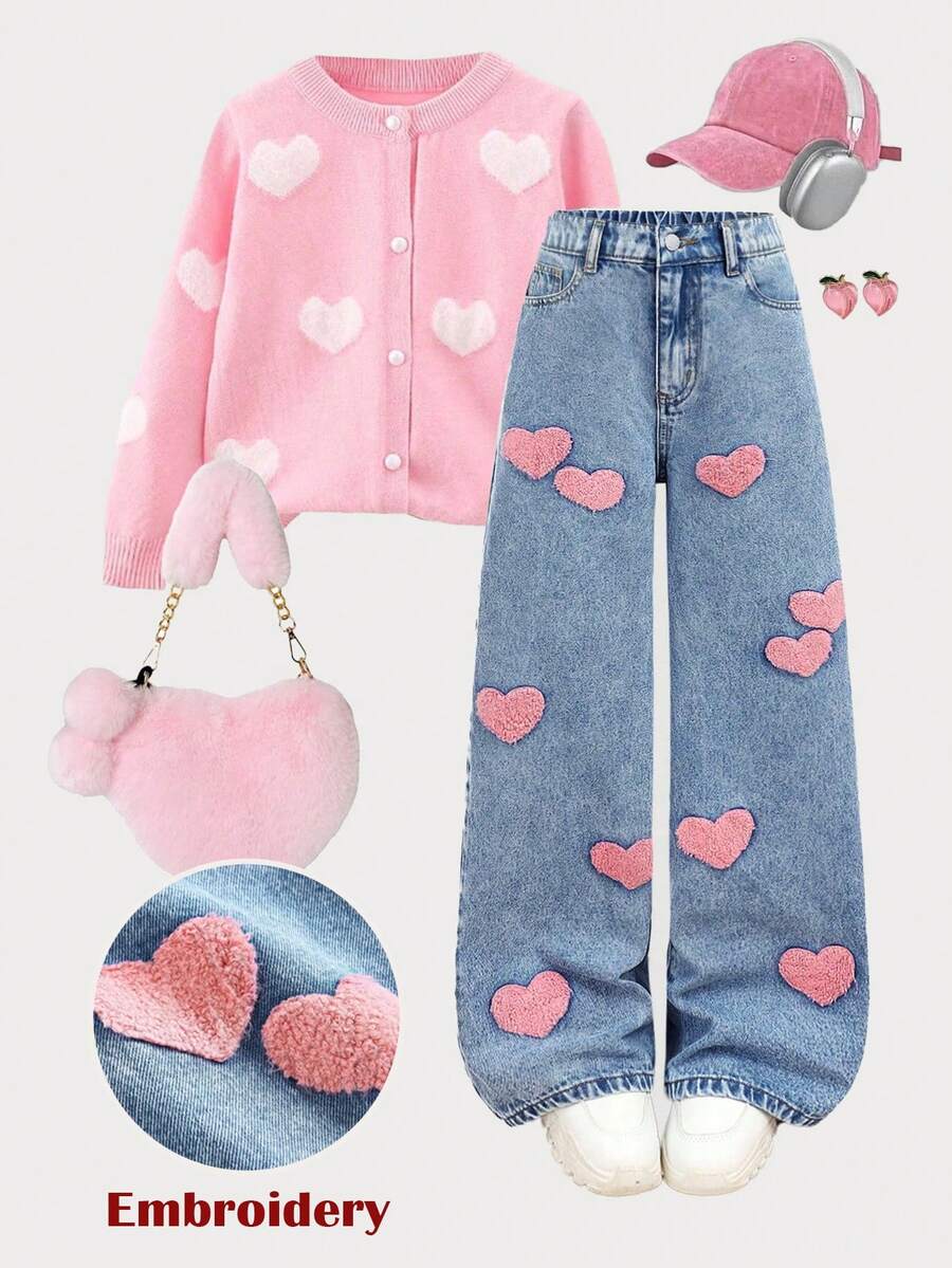 SHEIN Quần denim xanh rộng rãi thêu họa tiết trái tim hồng cho bé gái - Rửa trung bình - Xem 1