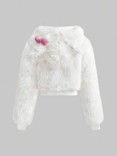 Kawaii Cute Cat Ear Bow Rivet Design Short White Faux Fur Jacket