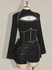 SHEIN ICON 大码女式白色撞色滚边黑色修身T恤 - 黑色 - 查看 6