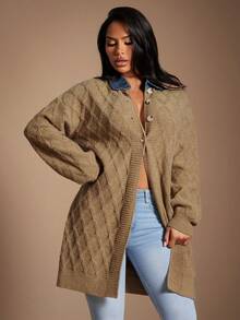 Radiana Women's Casual Commuter Colorblock Turndown Collar Button-Front Long Cardigan, Autumn/Winter,Sweaters For Women,Spring To Summer, - Brown - View 3