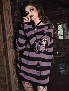ROMWE Goth pull décontracté pour femmes à motif rayé bicolore déchiré, convient pour l'automne/l'hiver et Halloween - Multicolore - Voir 6