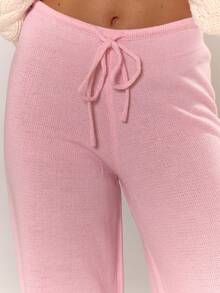 MUSERA Low Rise Drawstring Waist Rib Knit Wide Leg Casual Trousers Winter Everyday Office - Baby Pink - View 6