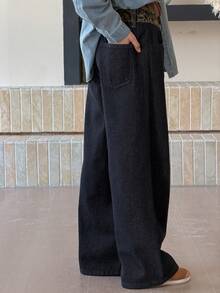 DAZY 少女拼接豹纹腰带口袋阔腿休闲牛仔裤 - 寶藍色 - 查看 2