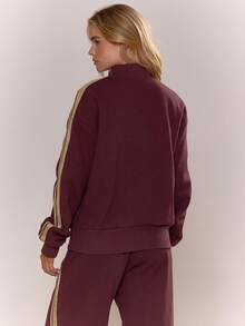 MUSERA Embroidered Striped Arm Half Zip Sweater Tracksuit Top Only Elegant Winter Work Cute Cosy - Burgundy - View 2