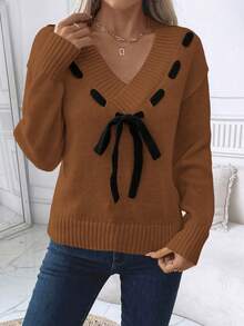 EMERY ROSE Áo len trễ vai buộc dây thường ngày cho nữ, Thu/Đông - Đỏ - Xem 4