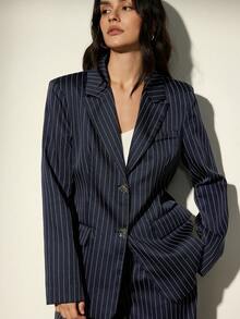 Aveloria Modichic Bộ vest kẻ sọc thời trang thanh lịch kiểu Hàn Quốc và quần ống rộng cho nữ - Màu xanh hải quân - Xem 6