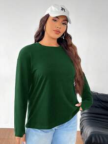 SHEIN EZwear 大码纯色简约日常圆领长袖T恤，橄榄绿 - 墨綠色 - 查看 5