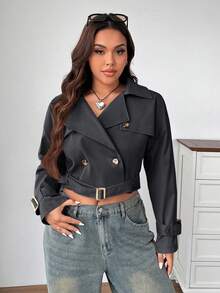 SHEIN EZwear Áo khoác trench coat cổ bẻ cổ điển cỡ lớn, màu xám đậm - Màu xám đen - Xem 6