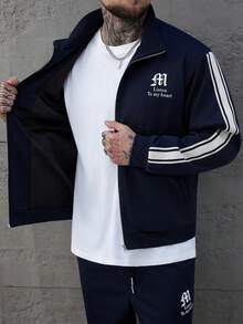 SLATEMANN Mature Casual, Webbing, Letter Print Navy Blue Men's Jacket Set Men S Jogging Set Men S Track Suit Men 2 Piece Set Men S Sweat Suit Set Men 2 Piece Set Big An Tall