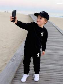 2pcs/Set Tween BoysEquestrian Silhouette Minimalist Crew Neck Sweatshirt And Long Sweatpants, Autumn/Winter