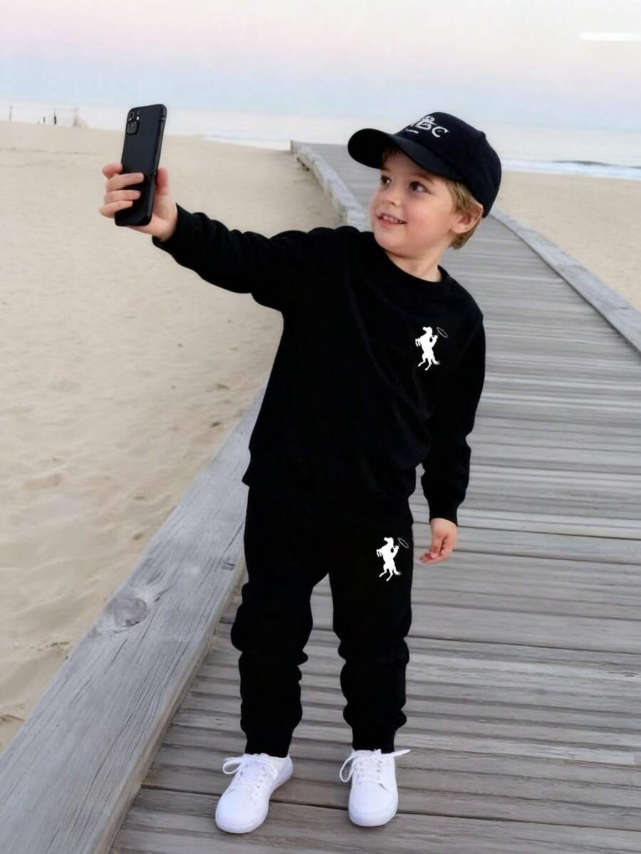 2pcs/Set Tween BoysEquestrian Silhouette Minimalist Crew Neck Sweatshirt And Long Sweatpants, Autumn/Winter