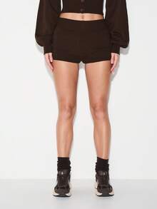 KIZN Quần short mini lưng cao dệt kim gân có cạp chun cho trang phục thường ngày mặc nhà thu đông - màu nâu - Xem 4