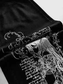 ROMWE MEN Street Life 男士圆领长袖荆棘印花T恤搭配抽绳腰阔腿裤休闲套装 - 黑與白 - 查看 5