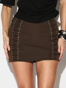 KIZN Váy mini bó sát cạp cao có ren kèm lỗ kim loại cho đêm tiệc tùng, câu lạc bộ - màu nâu - Xem 1