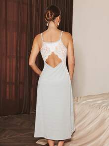 Slumberist Women's Sexy Lace Patchwork Backless V-Neck Camisole Nightgown Women Slip Dress Open Back Dress Sexy Sleep Dress - Light Grey - View 5