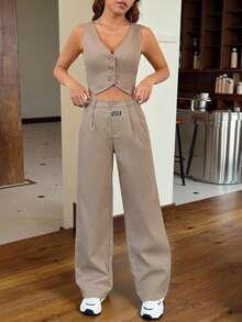 SHEIN EZwear Bộ vest vải lanh trơn màu mùa hè dành cho nữ, áo vest một hàng khuy và quần dài rộng rãi, thời trang thu/đông - Lạc đà - Xem 3