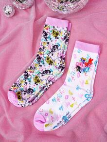 THE POWERPUFF GIRLS X SHEIN 2 Pairs Cute Cartoon Pattern Women's Mid-Calf Cotton Socks, Casual And Suitable For Daily Wear