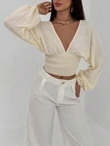 Aloruh Women's Elegant Alluring Deep Shirred Cinched Waist Pullover Long Sleeve Lantern Cuff Blouse - Beige - View 5