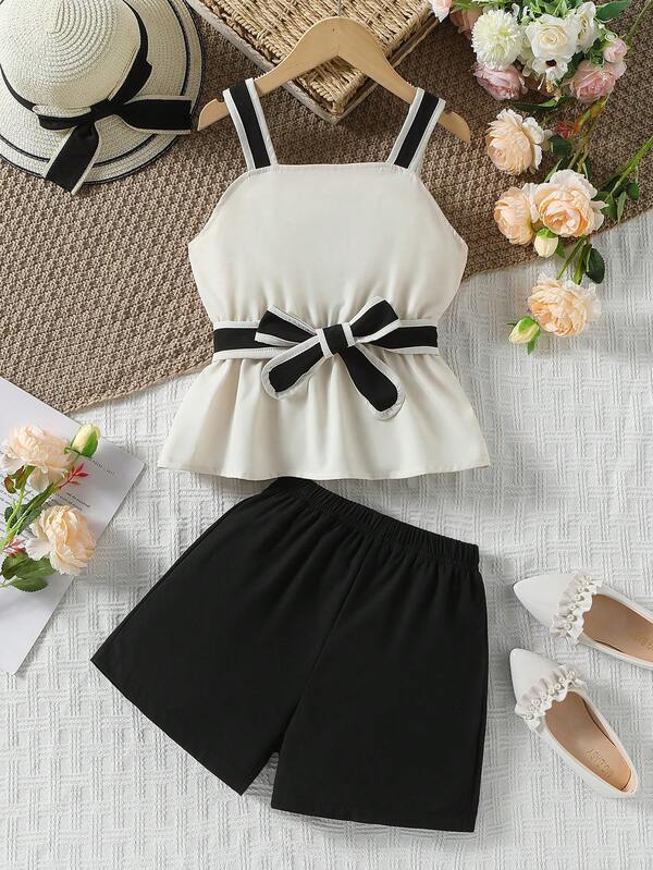 Sparklyn Conjunto de camiseta para niñas preadolescentes, conjunto de chaleco negro elegante para niñas preadolescentes con ribete blanco, diseño de cinturón en la cintura, combinado con pantalones cortos, estilo simple de viaje para el verano