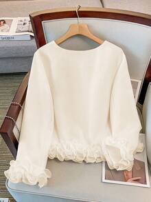 GlowEve CURVE 大码女式圆领长袖外套，简约百搭设计，适合秋冬季日常通勤，时尚荷叶边袖口 - 杏色 - 查看 2