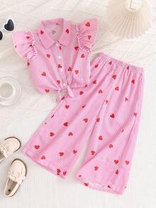 SHEIN 2件套 女童可爱条纹爱心印花短袖上衣 - 粉色 - 查看 3